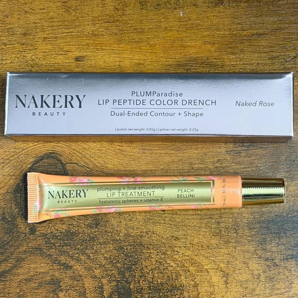 Nakery Beauty Duo: Plumping Lip Treatment + Peptide Liner/Lipstick Combo, NEW
